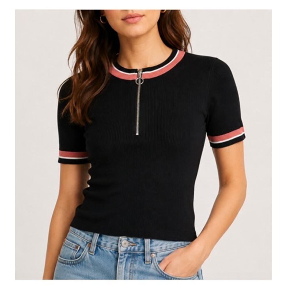 Wilfred Free Aritzia Hyun Knit Top Womens S Black Pink Short Sleeve Zip Neck